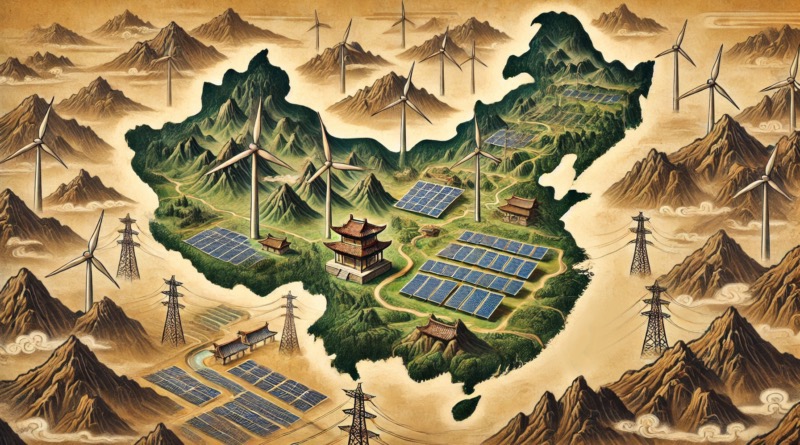 Vast solar panel installation stretching across desert landscape under clear blue sky in China