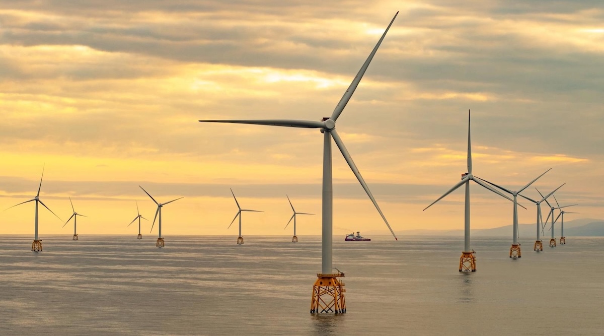 Floating offshore wind turbines on deep blue ocean waters off California coast
