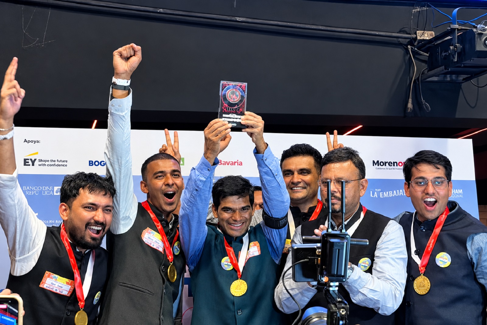Indian delegation celebrating with trophy at Tejo World Cup in Bogotá, Colombia