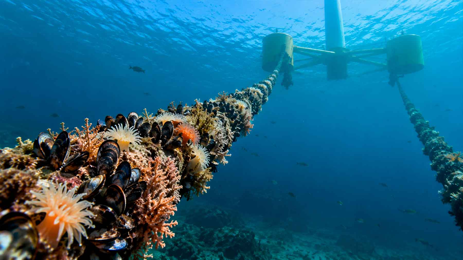 Underwater mooring cable covered with colorful mussels, anemones, and soft corals from floating wind turbine