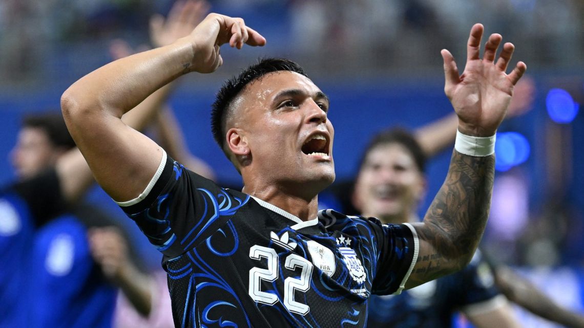 Lautaro Martínez celebrating in Argentina jersey after scoring World Cup semi-final winner