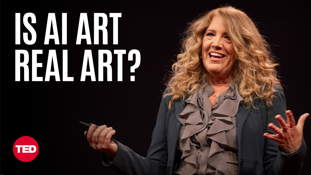 ** Kelly A. Boesch speaking on TED stage about collaborating with artificial intelligence in creative work