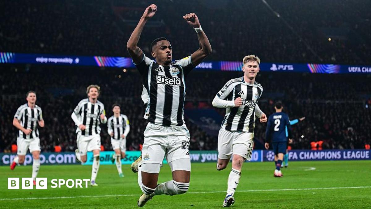 Newcastle United players celebrating with traveling fans after drawing with PSG in Paris