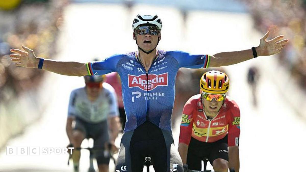 Mathieu van der Poel crossing finish line in sprint during extreme heat at Tour de France