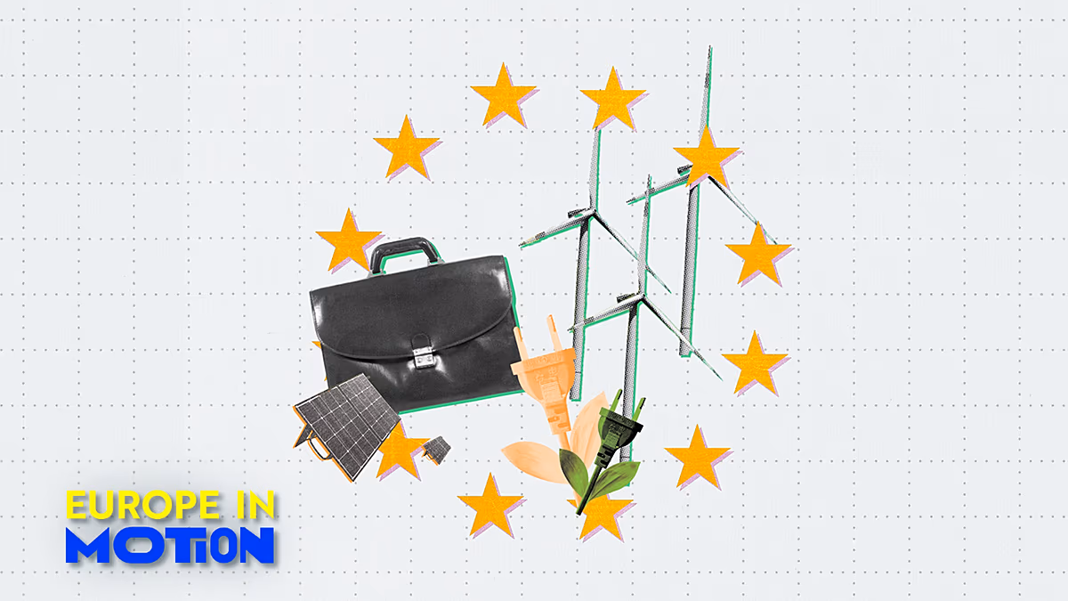 Wind turbines and solar panels across European landscape with workers installing clean energy infrastructure