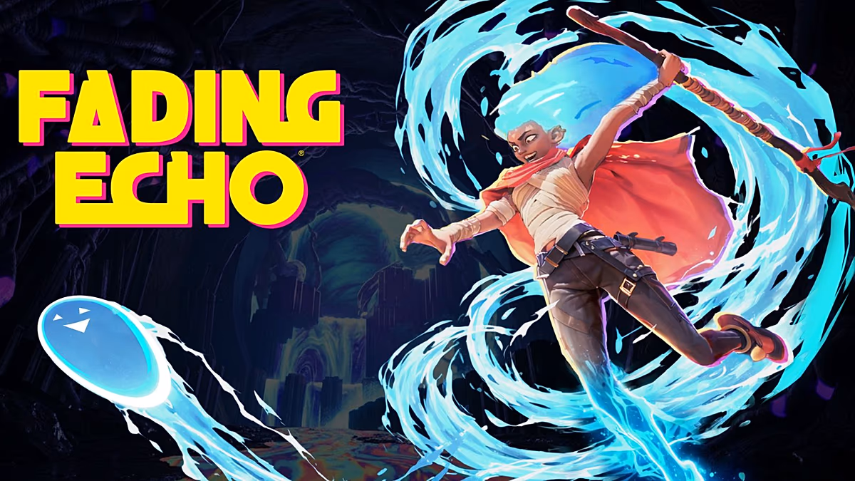 ** Screenshot from Fading Echo showing character transforming between human and aquatic forms with comic-inspired art style