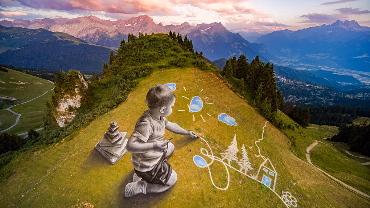 French Artist Creates Giant Vanishing Murals in Swiss Alps