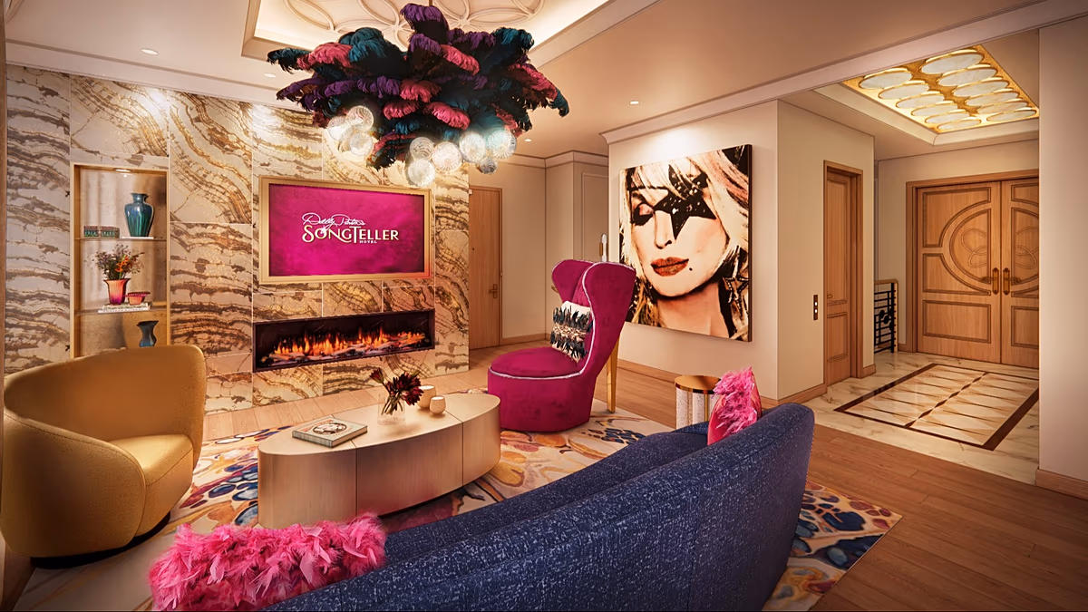 ** Exterior of Dolly Parton's SongTeller Hotel in downtown Nashville, Tennessee, celebrating country music legacy