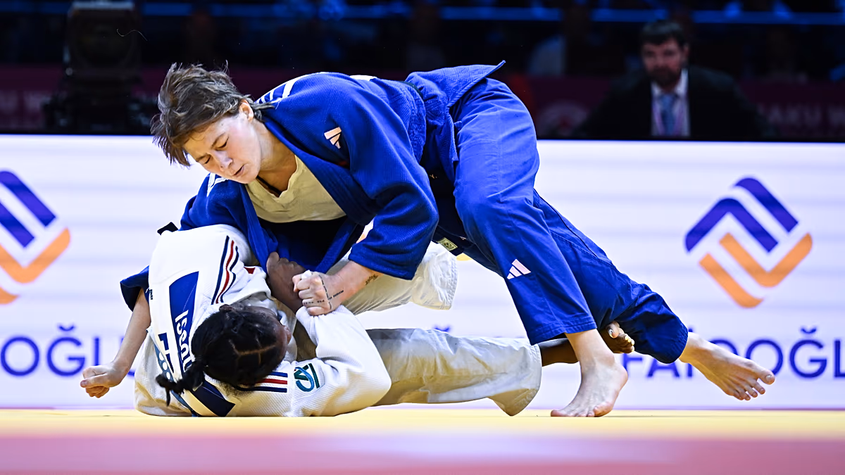 Judoka Yelyzaveta Lytvynenko celebrating her historic world championship gold medal victory in Baku