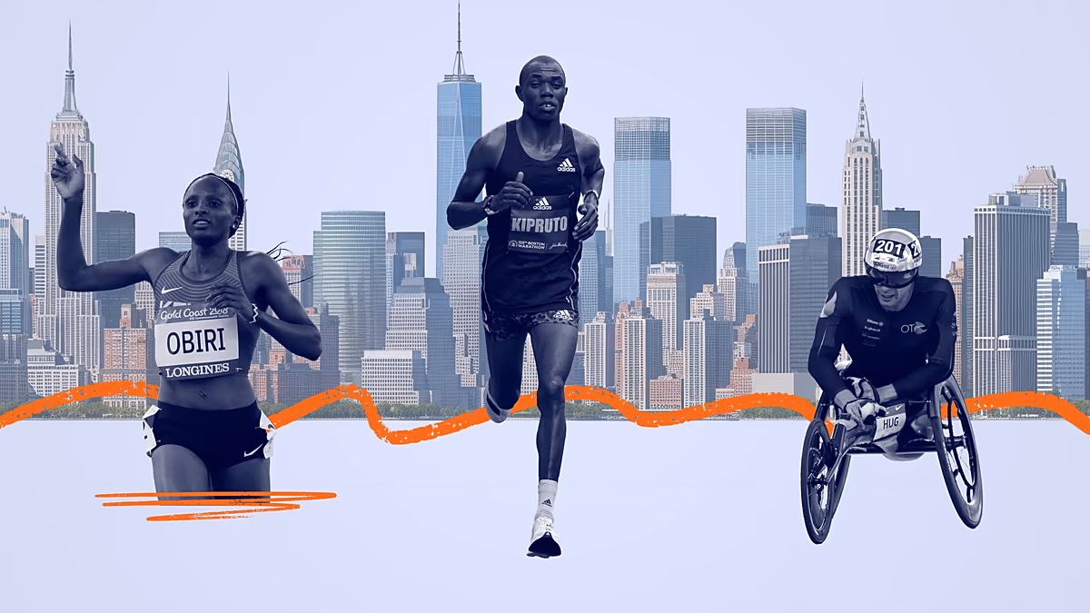 Thousands of marathon runners crossing the Verrazano Bridge in New York City