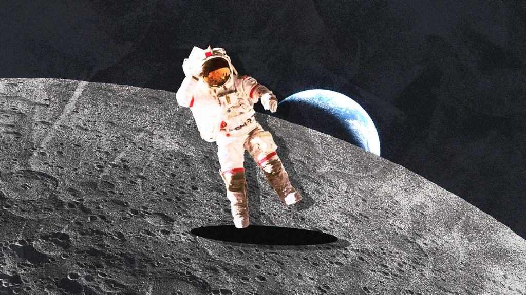 Astronaut bouncing across moon's surface in low gravity during lunar mission
