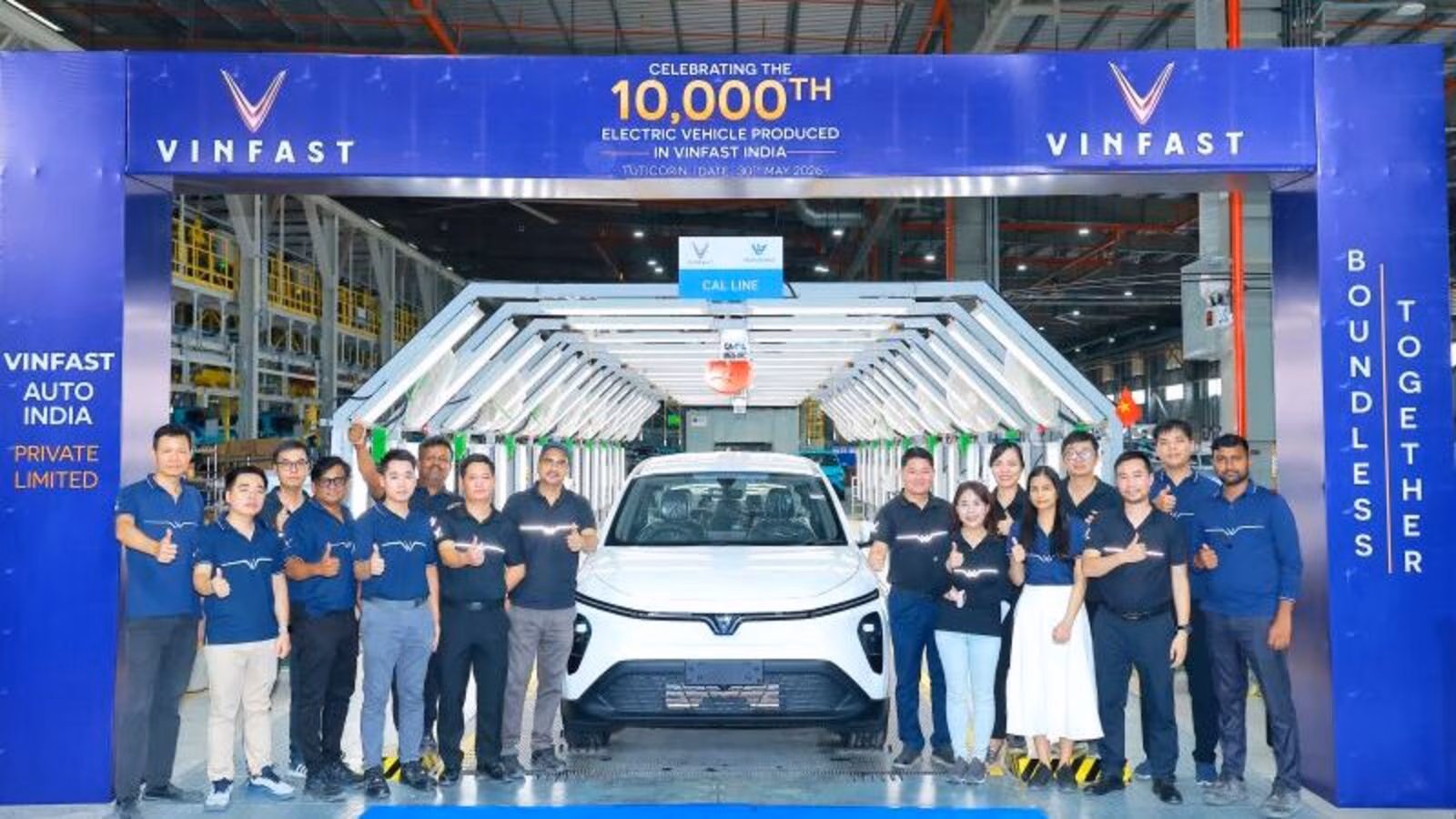 VinFast electric vehicles on manufacturing assembly line in India production facility