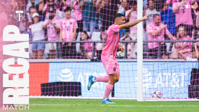 Leo Messi celebrates scoring goal in Inter Miami's first victory at Nu Stadium