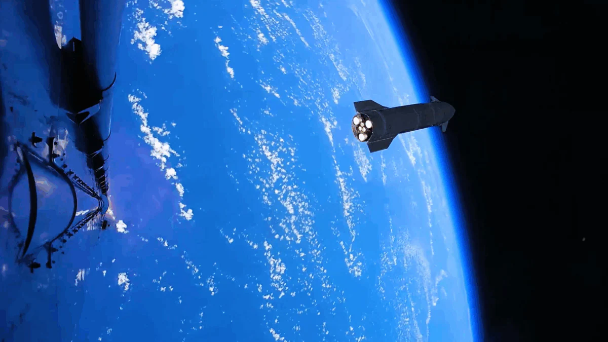 SpaceX Starship rocket launching from Boca Chica Texas facility with massive flame plume