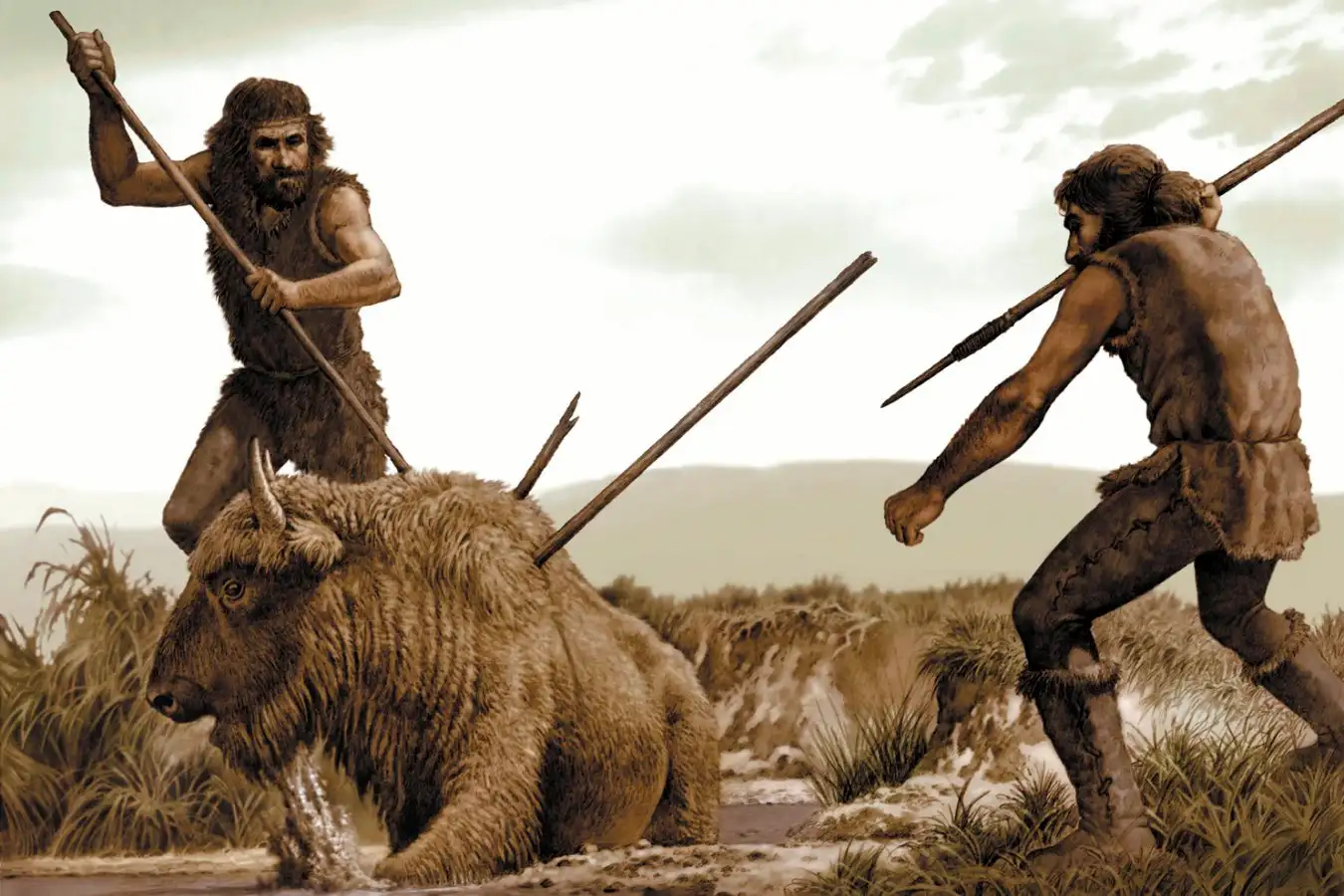 Artist reconstruction showing early human ancestor crafting primitive stone tools millions of years ago
