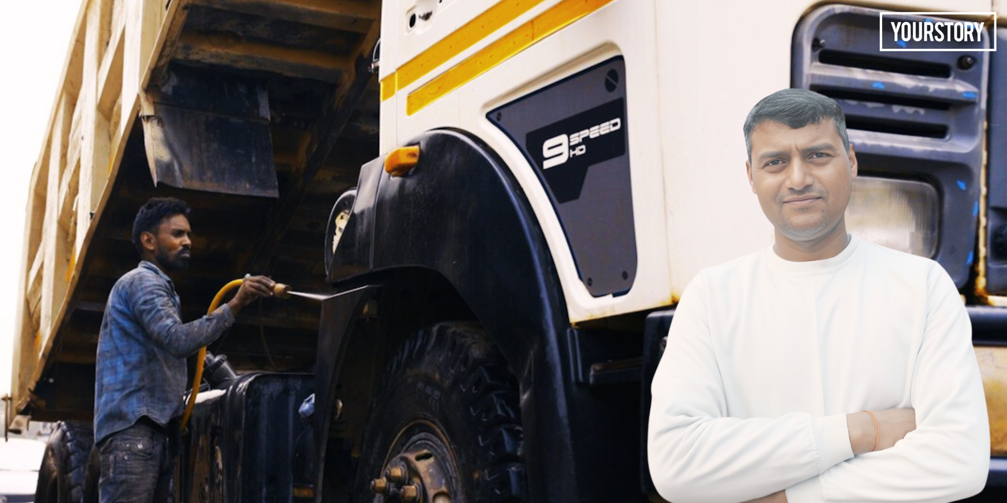 Truck washing center in Mirzapur India with commercial vehicles being serviced by workers