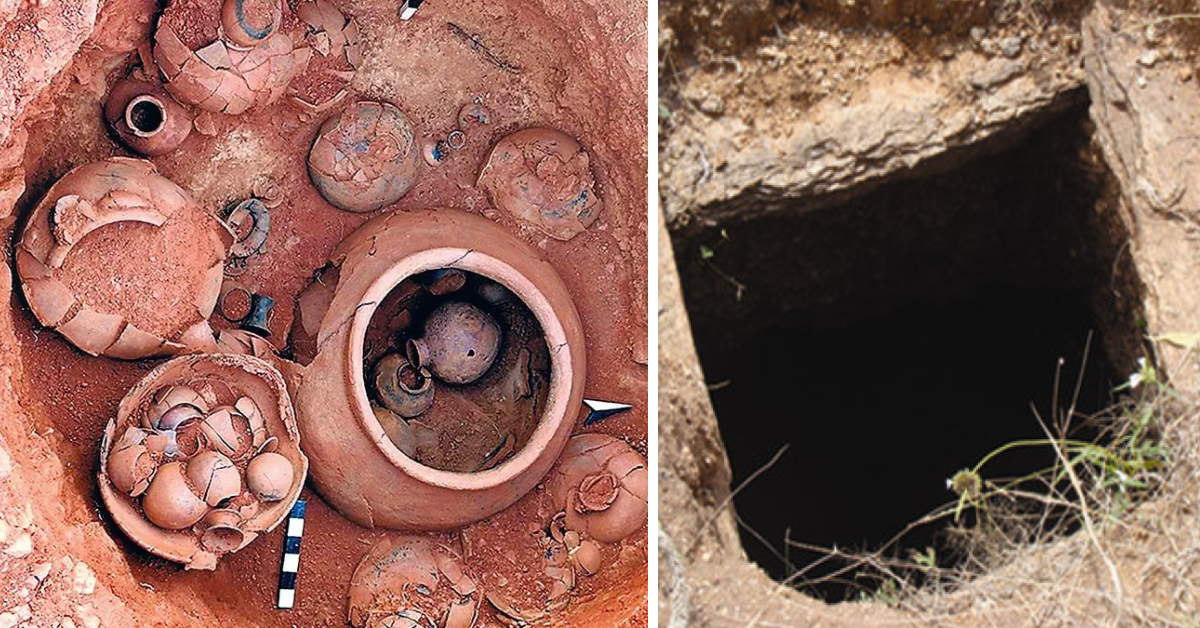 Archaeological excavation showing ancient underground storage pit from Neolithic era Tamil Nadu