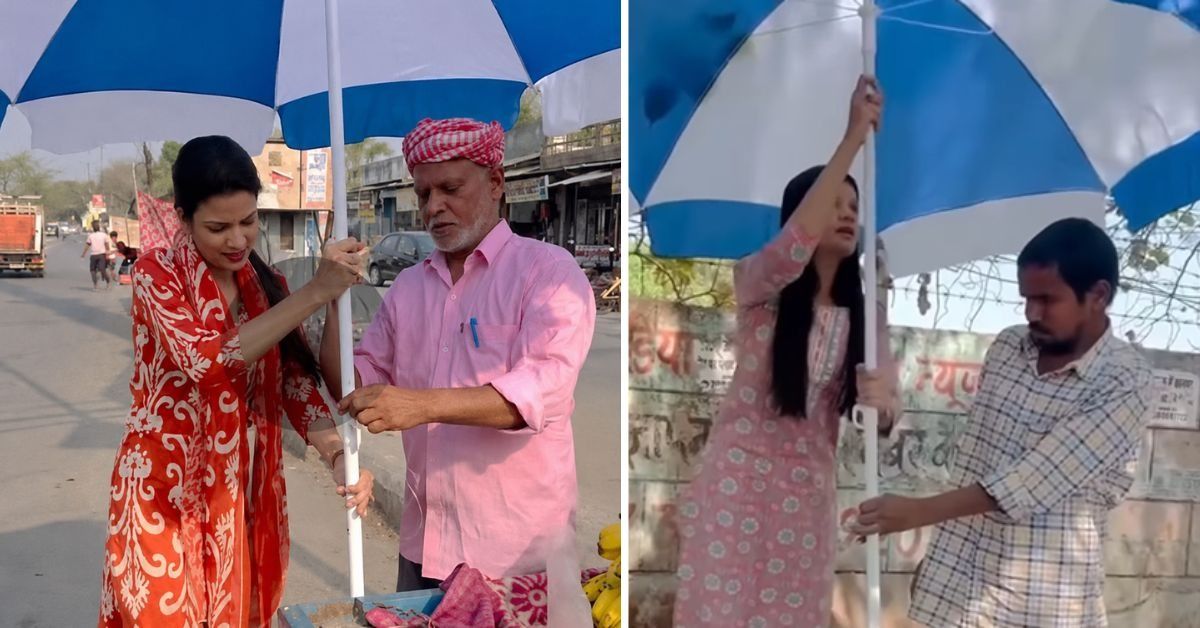 Street vendor in Lucknow stands under protective umbrella while selling goods during summer heat