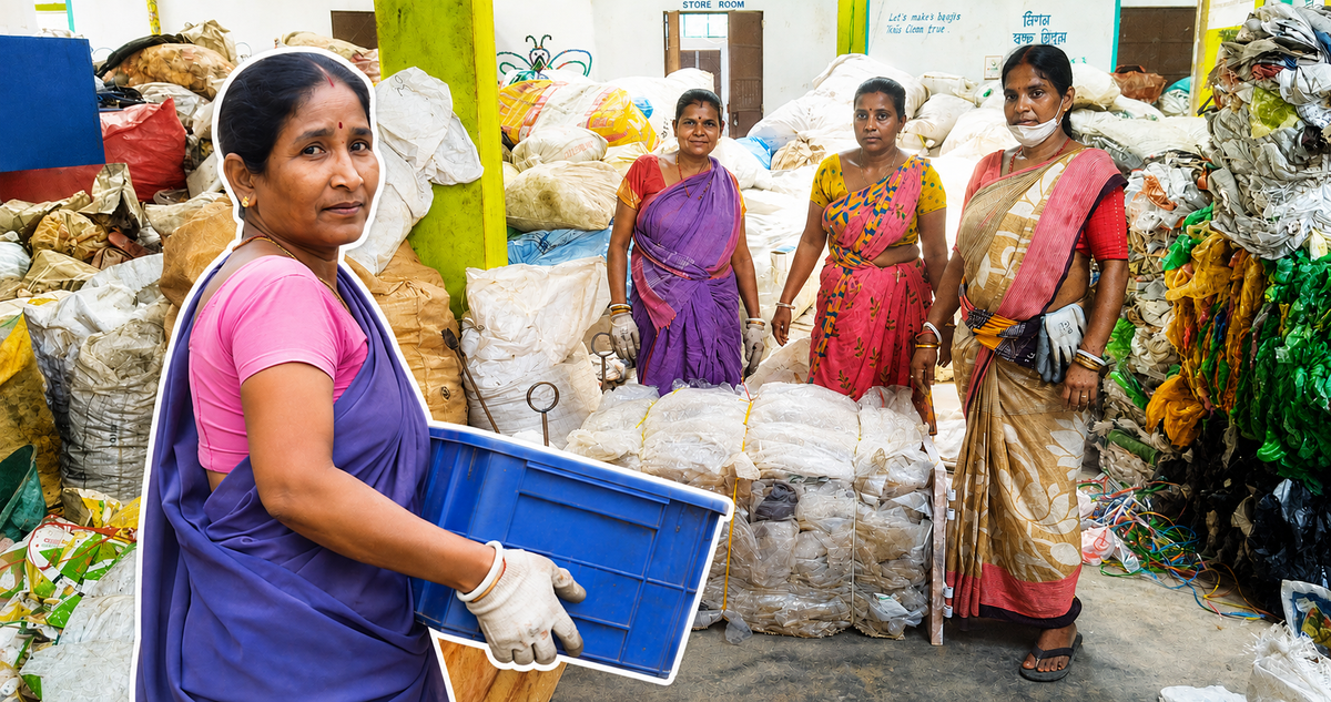 Women sanitation workers sorting segregated waste at community center in Khowai, Tripura