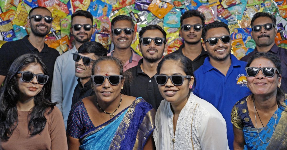 Colorful sunglasses made from recycled chip packets and multi-layered plastic waste in Pune India
