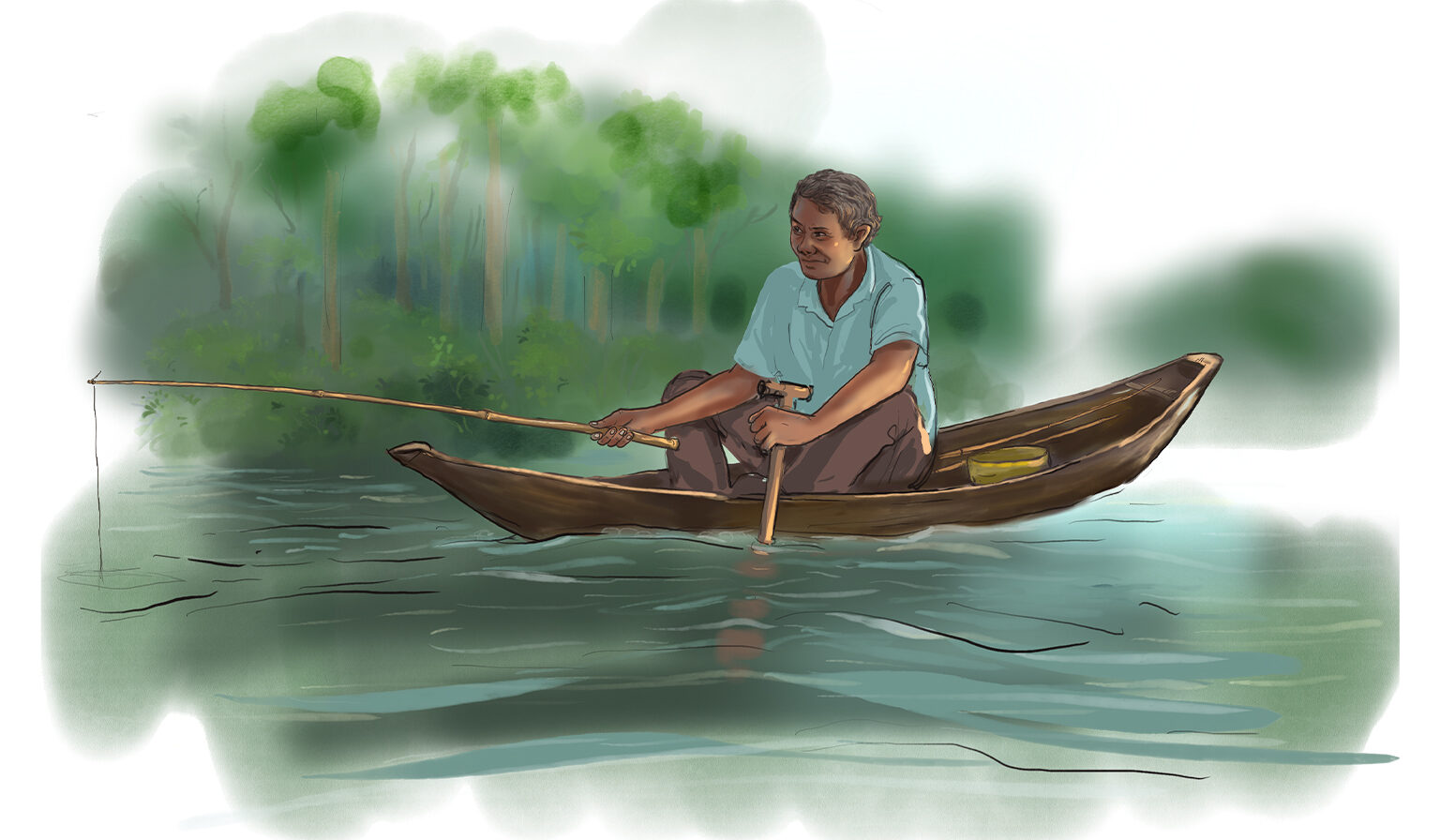 Indigenous fishers from Macaquiño community casting lines in Colombia's Vaupés River surrounded by forest