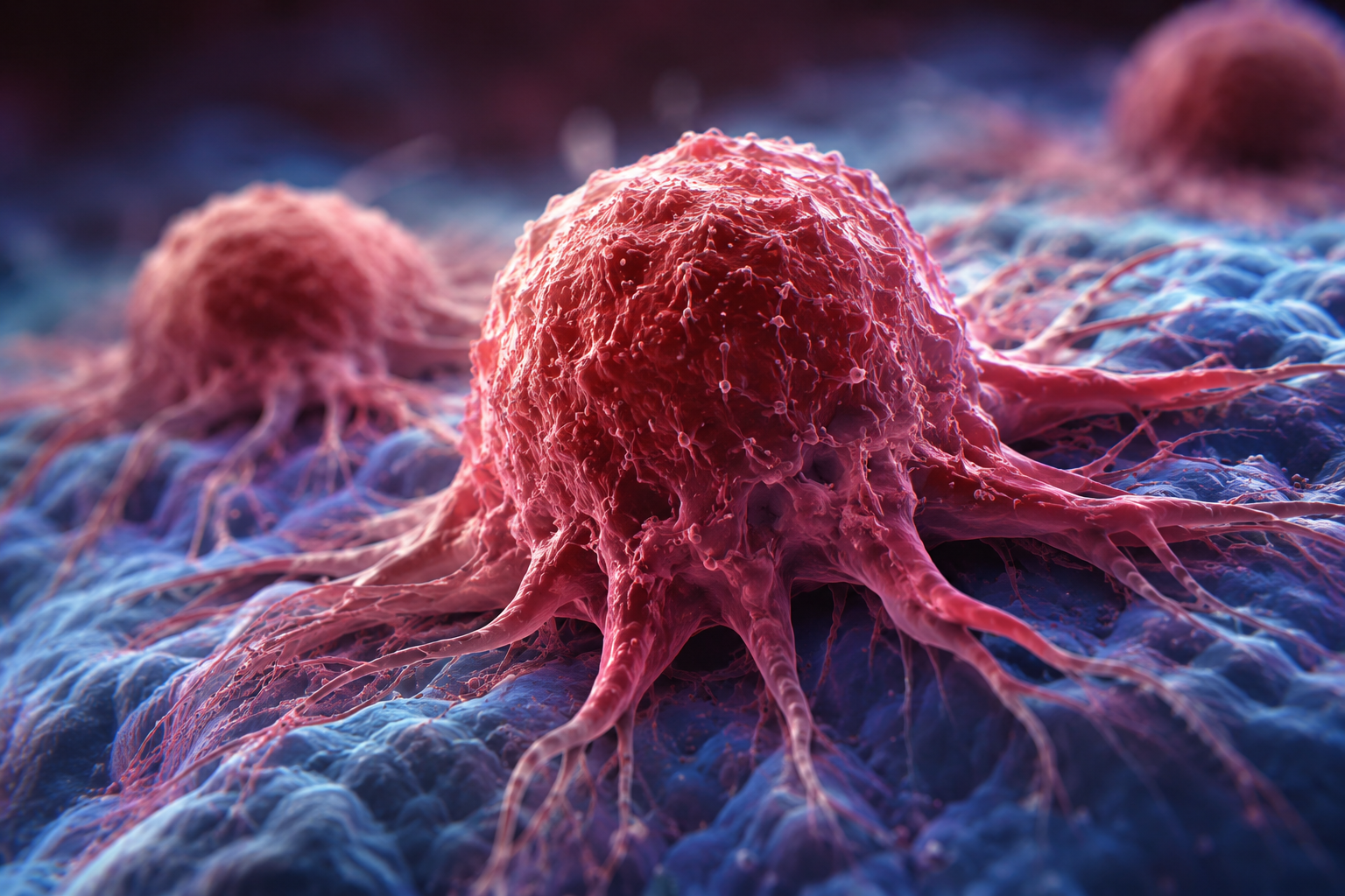Microscopic view of cancer cells in laboratory research showing breakthrough in treatment development