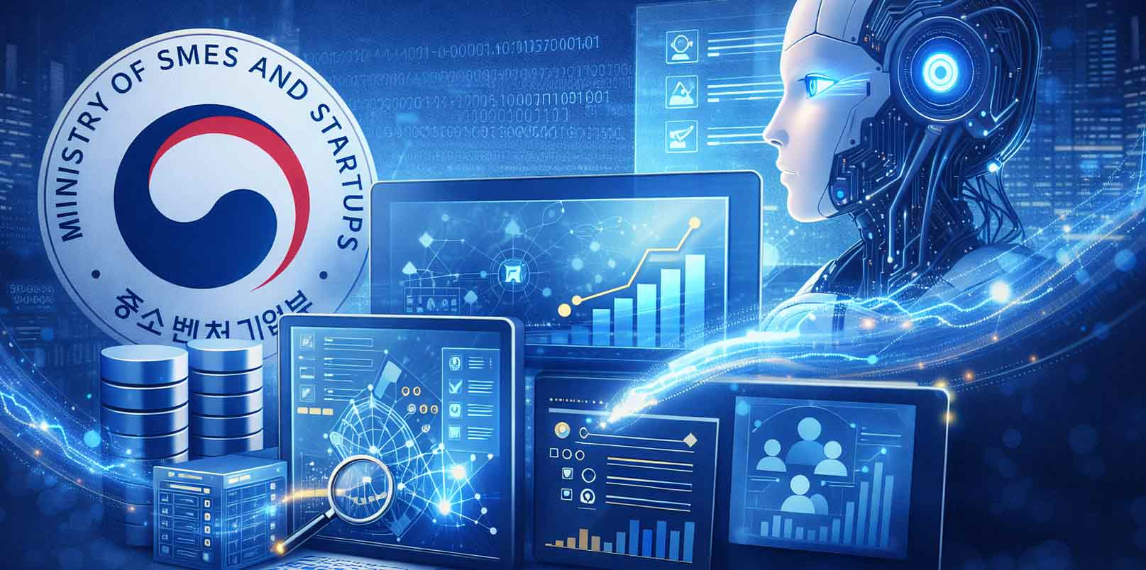 AI startup team members collaborating on computers with government data visualizations displayed on screens