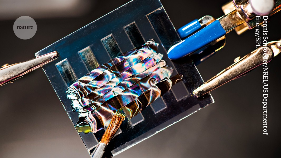 ** Perovskite solar cell panel reflecting sunlight in laboratory setting with scientific equipment