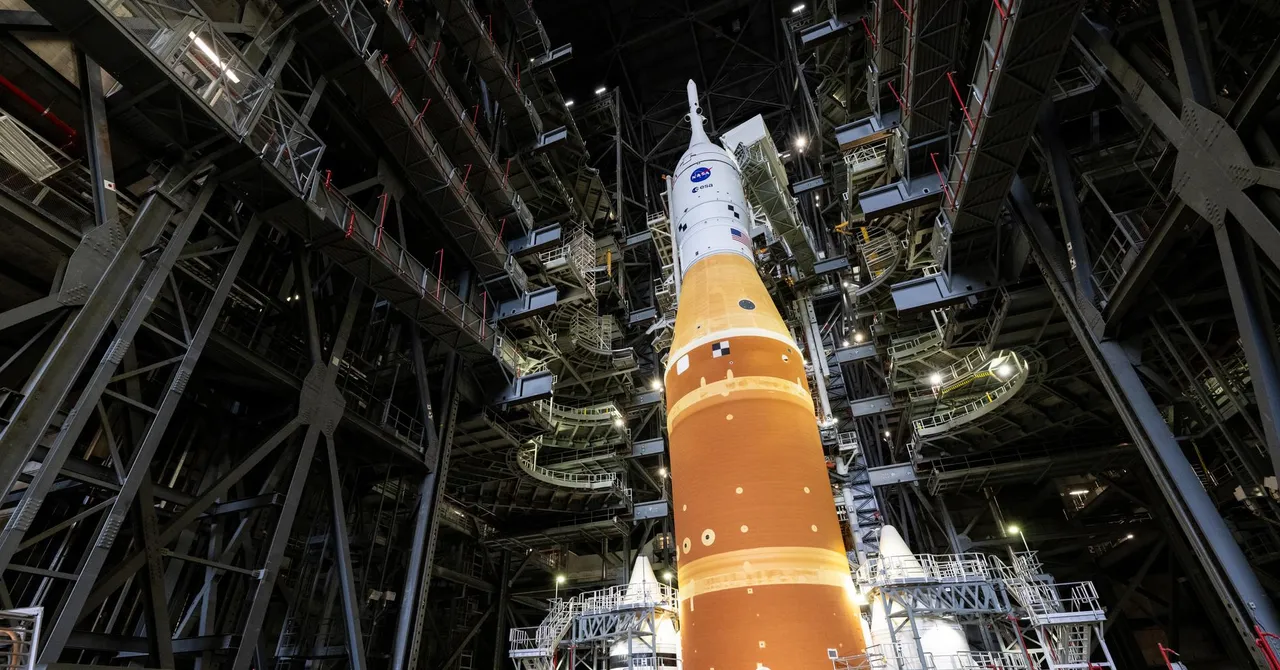 NASA's massive Space Launch System rocket on launch pad at Kennedy Space Center