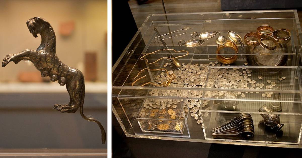 ** Display case showing reconstructed arrangement of Hoxne Hoard Roman treasure at British Museum