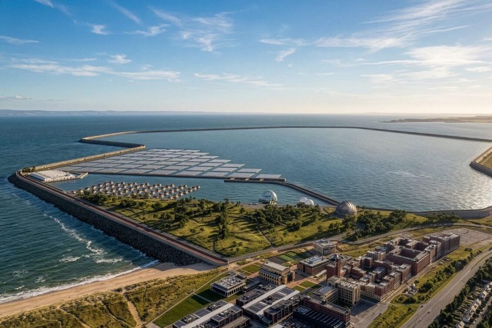 Artist rendering of Swansea Bay Tidal Lagoon showing curved seawall with renewable energy infrastructure