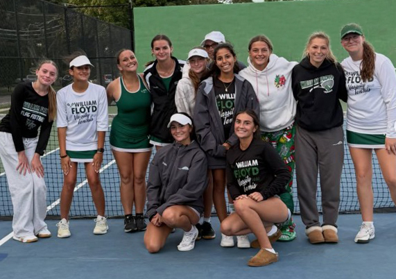 William Floyd High School girls' tennis team seniors celebrating with coaches on Senior Day