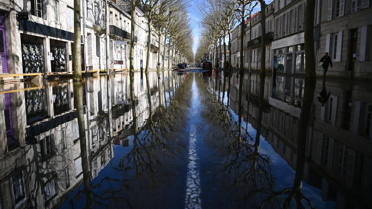 Flooded banks of Charente River in Saintes, southwestern France during February 2026 storms