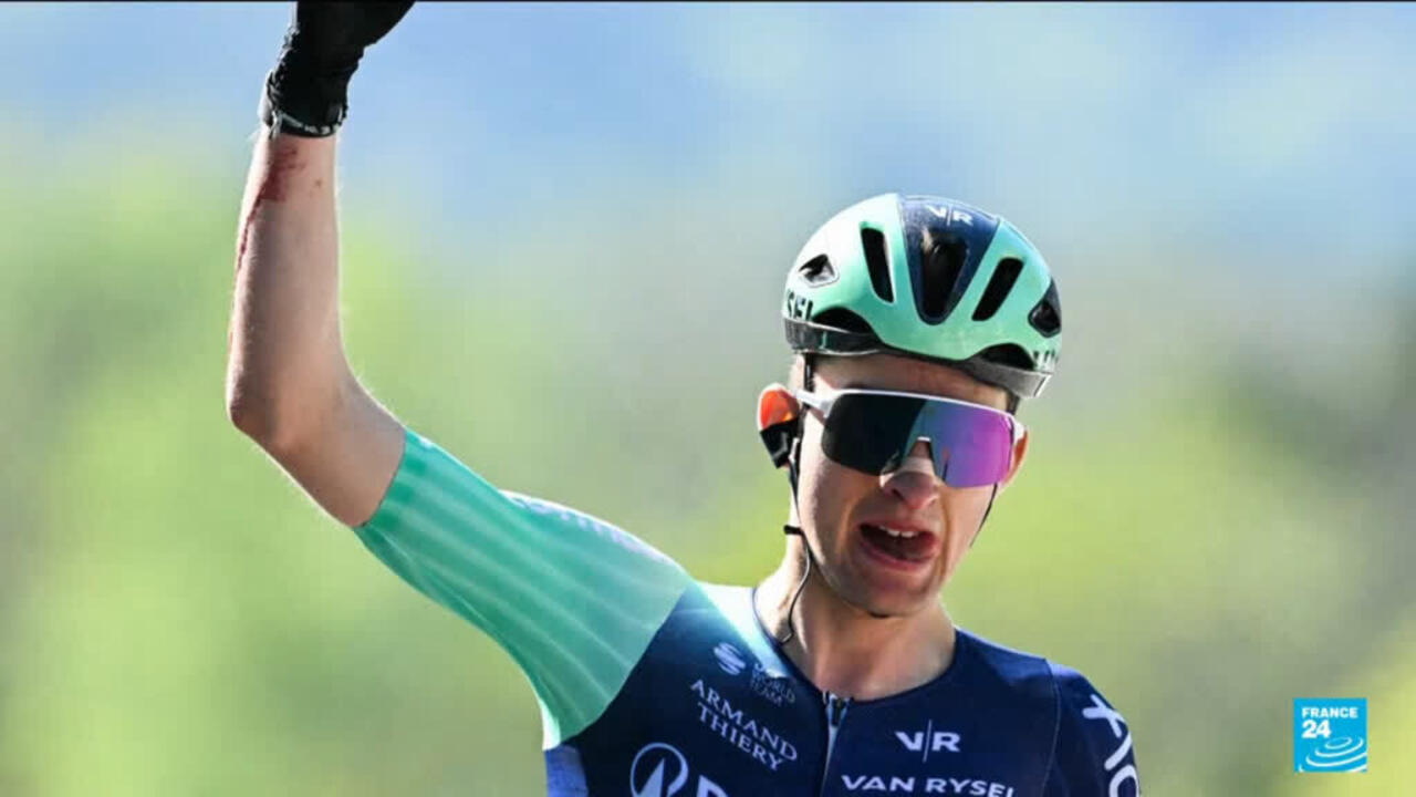 Young French cyclist Paul Seixas celebrating victory at La Fleche Wallonne race in Belgium