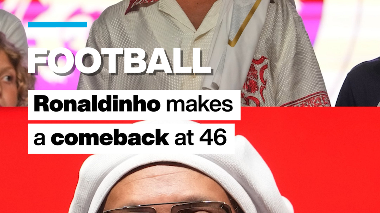Brazilian football legend Ronaldinho smiling in athletic gear preparing for comeback match
