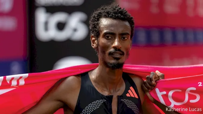 Ethiopian runner Yomif Kejelcha celebrating after breaking the half marathon world record in Buenos Aires