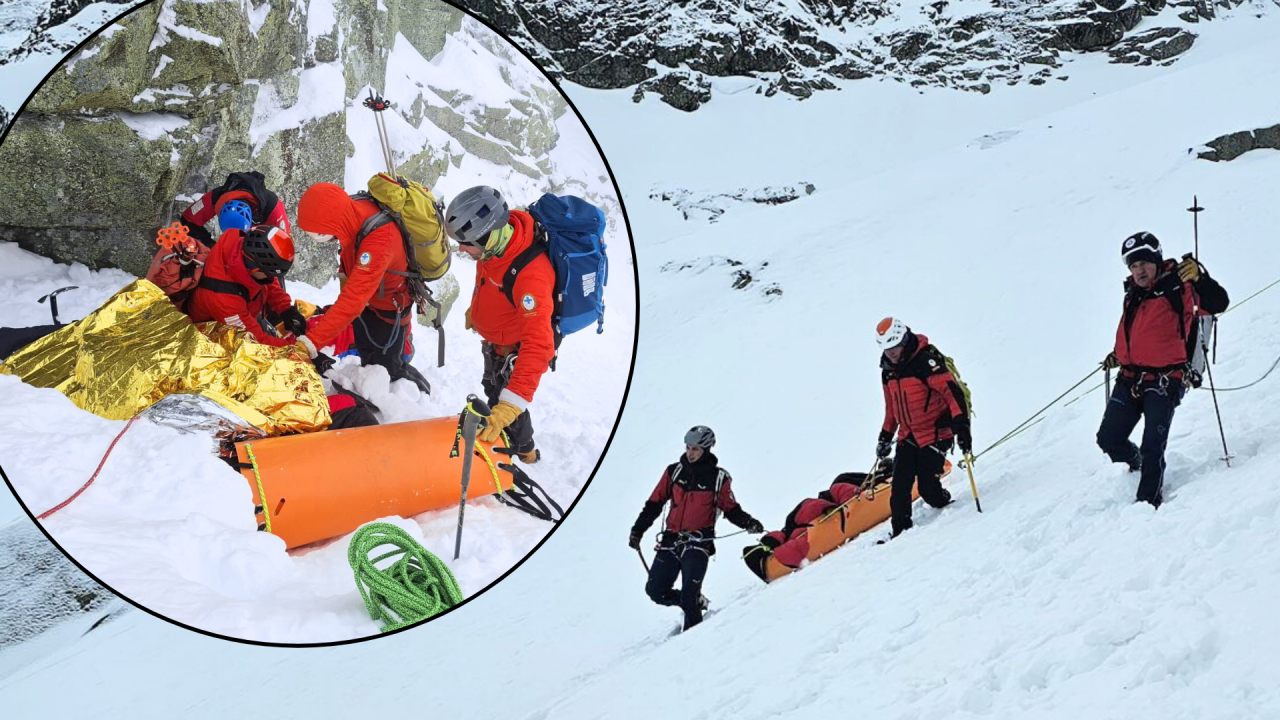Mountain rescue team members climbing snowy peak during emergency rescue operation in Poland's Tatra Mountains