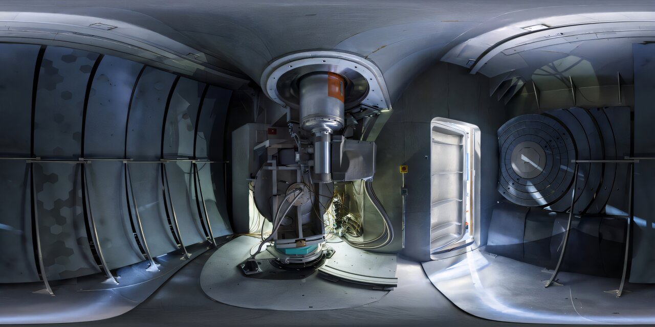 Inside view of scientific spectrometer equipment at Institut Laue-Langevin research facility
