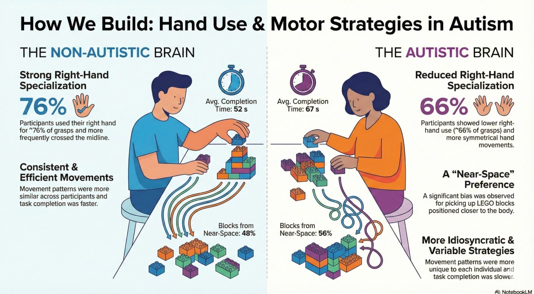 Hands building with colorful Lego blocks during autism research study at York University