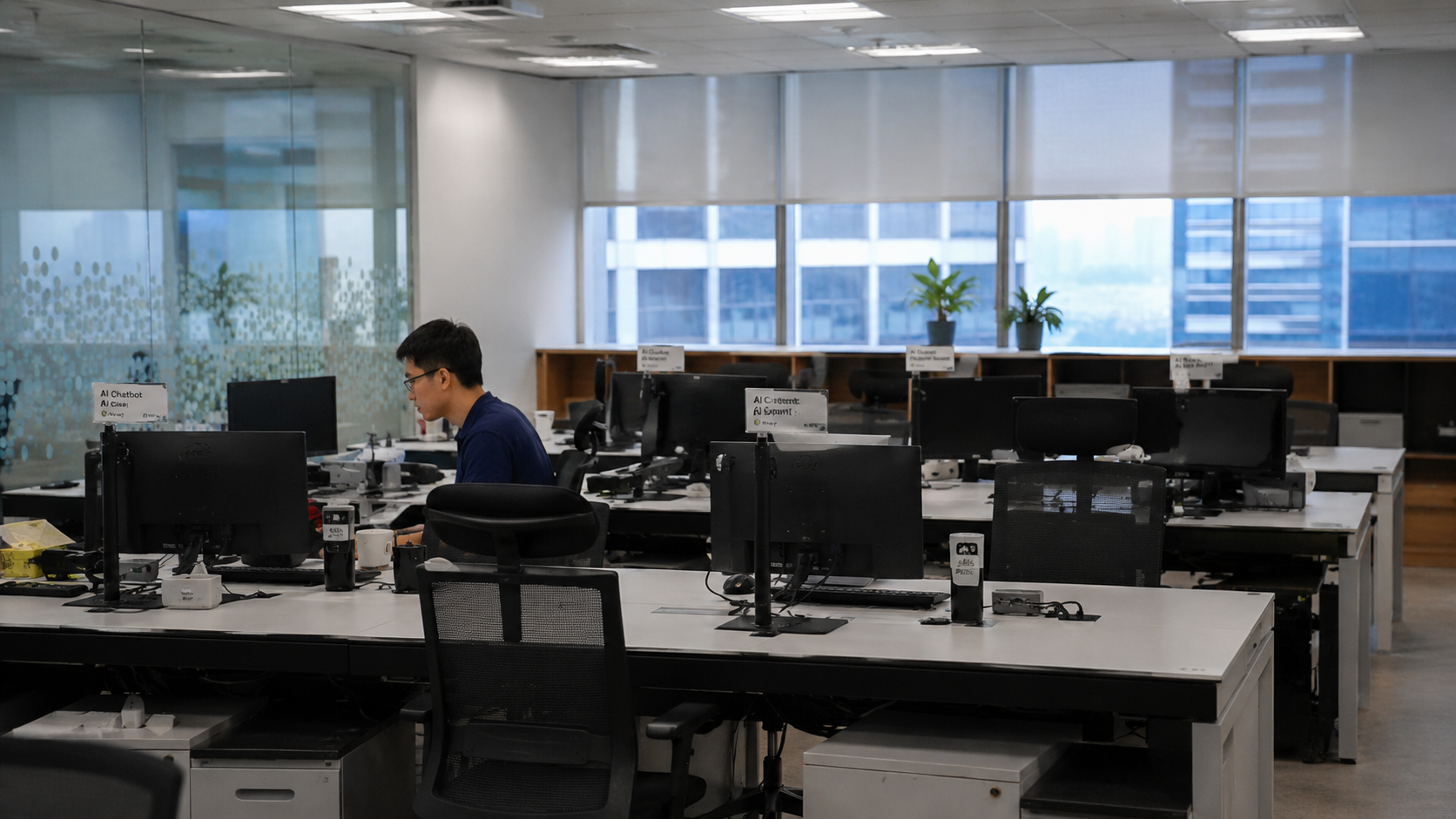 ** Modern office workspace with computer screens showing AI interface and analytics dashboards