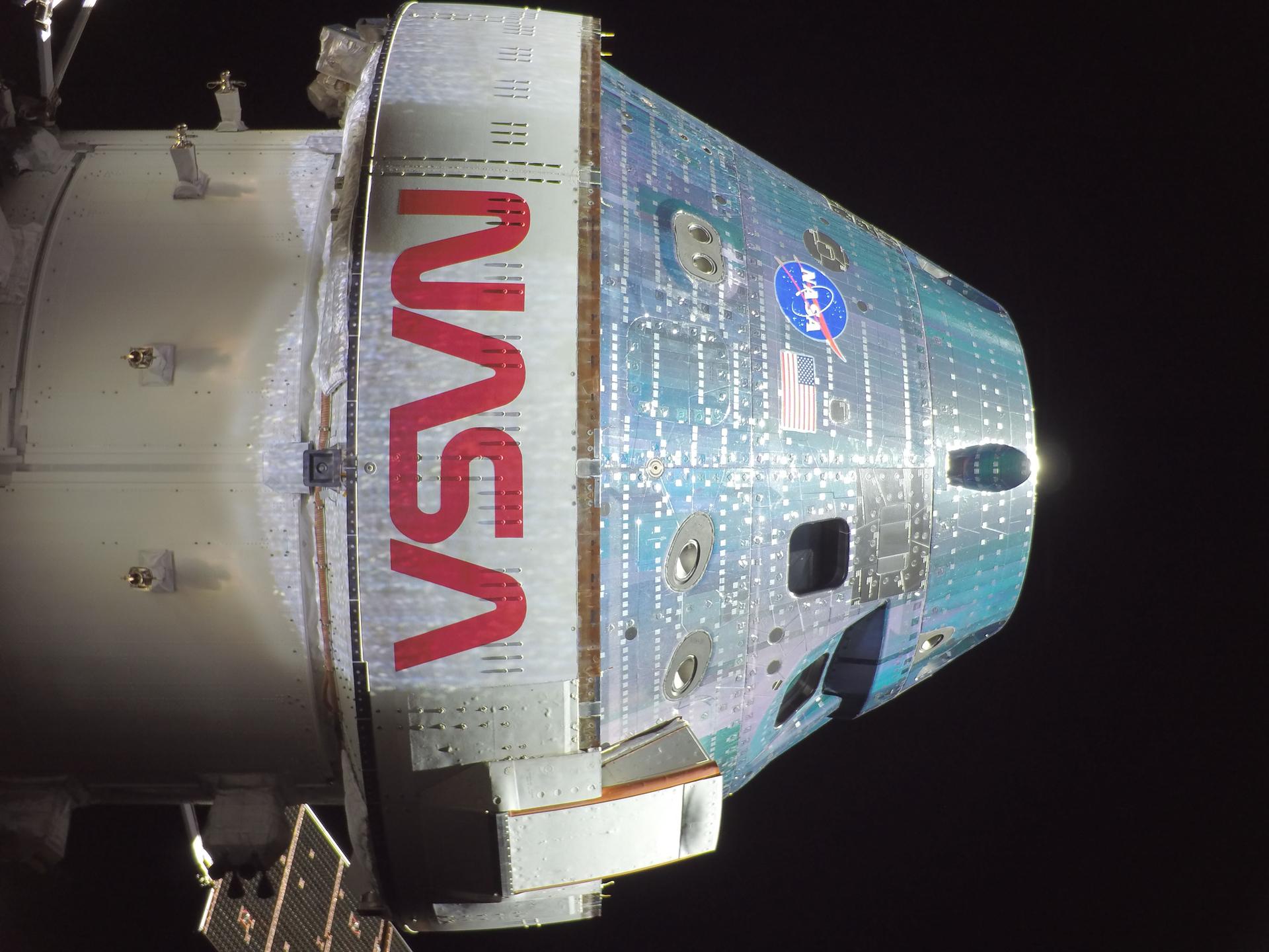 View of the moon from Orion spacecraft during Artemis 2 mission showing lunar surface