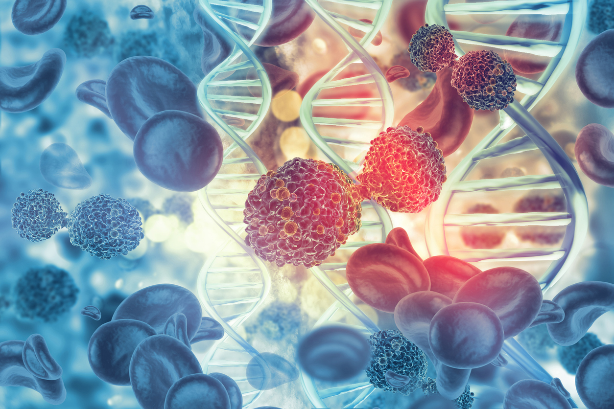 Scientists in laboratory examining cancer cells and molecular structures under microscope