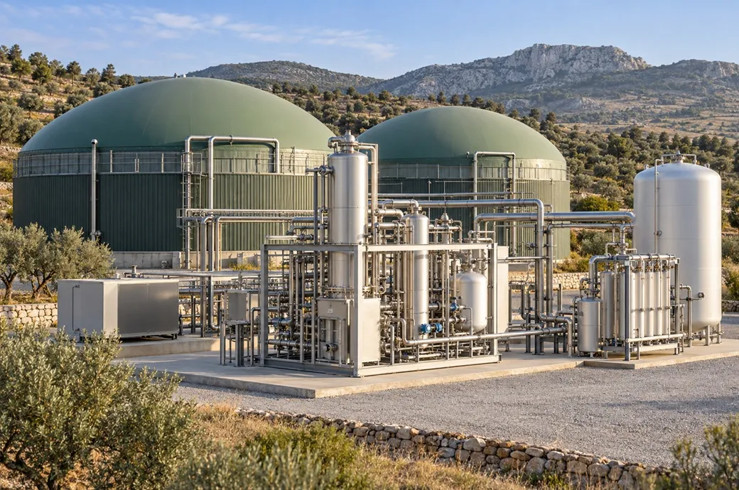 Biogas facility with modern purification equipment producing clean hydrogen fuel from organic waste