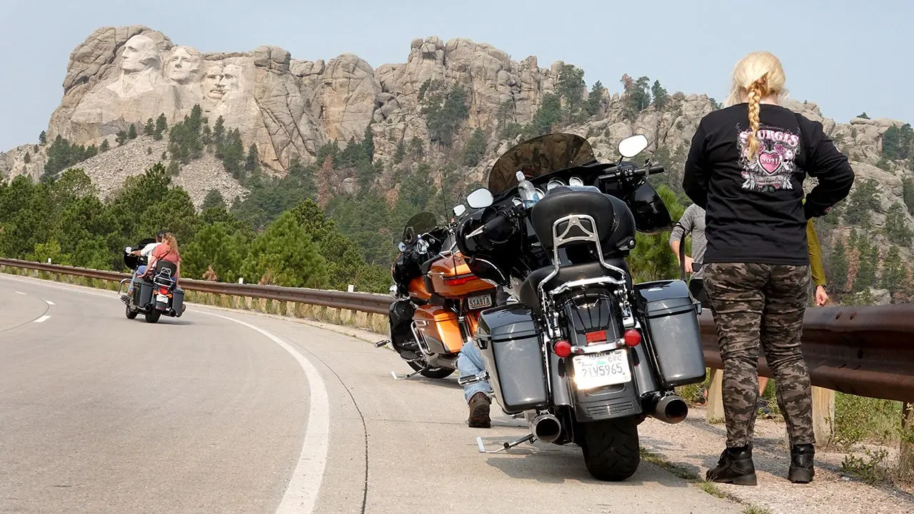 Hundreds of motorcycles line the main street in downtown Sturgis, South Dakota during annual rally