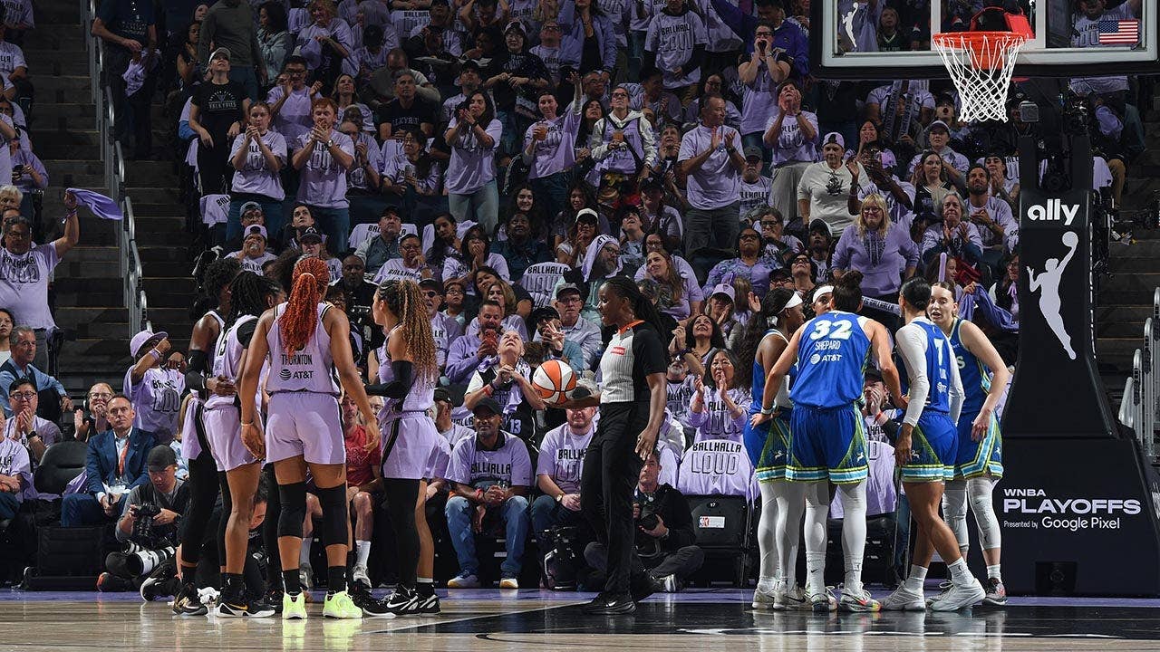 Golden State Valkyries players celebrating playoff victory at Chase Center in San Francisco