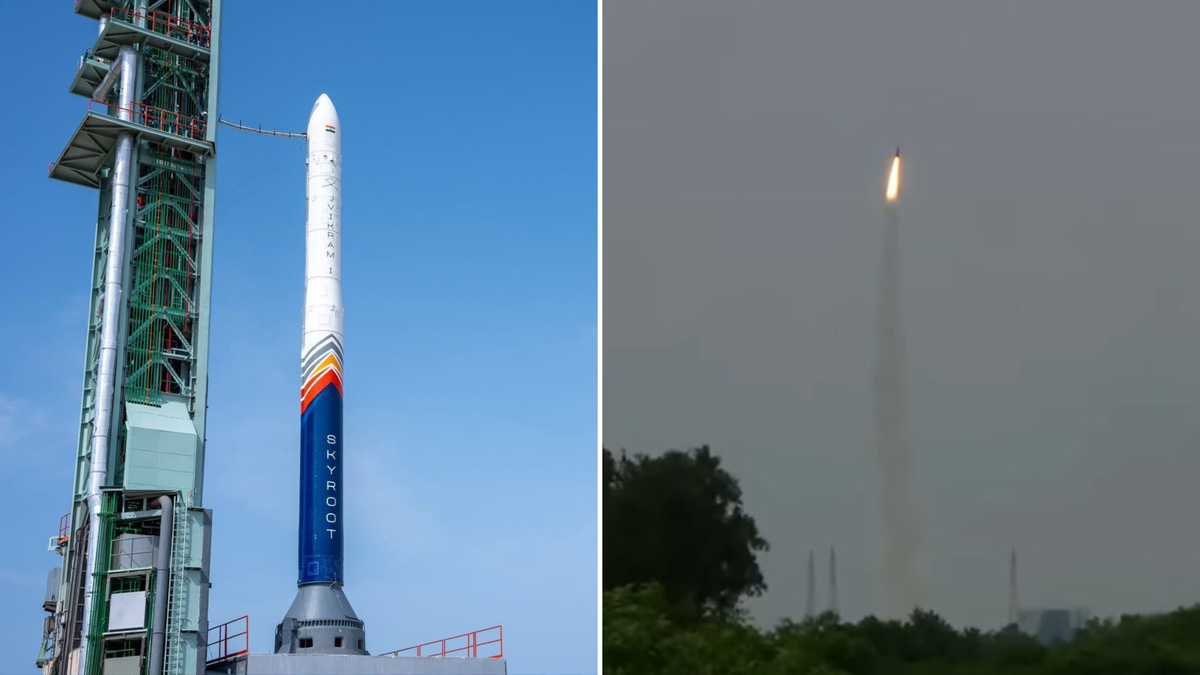 Vikram-1 rocket launching from Satish Dhawan Space Centre with flames and smoke billowing