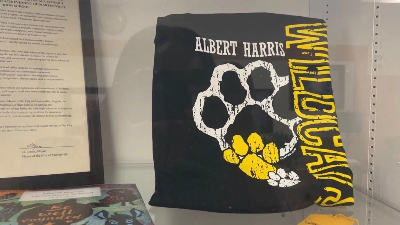 Albert Harris Elementary School materials displayed inside Martinsville City Public Schools administration building