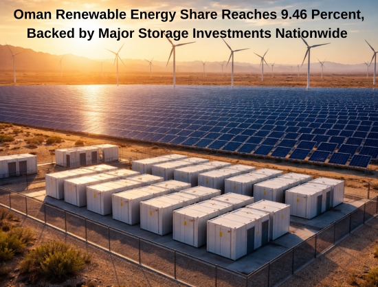 Solar panels stretching across desert landscape in Oman with modern battery storage facility nearby