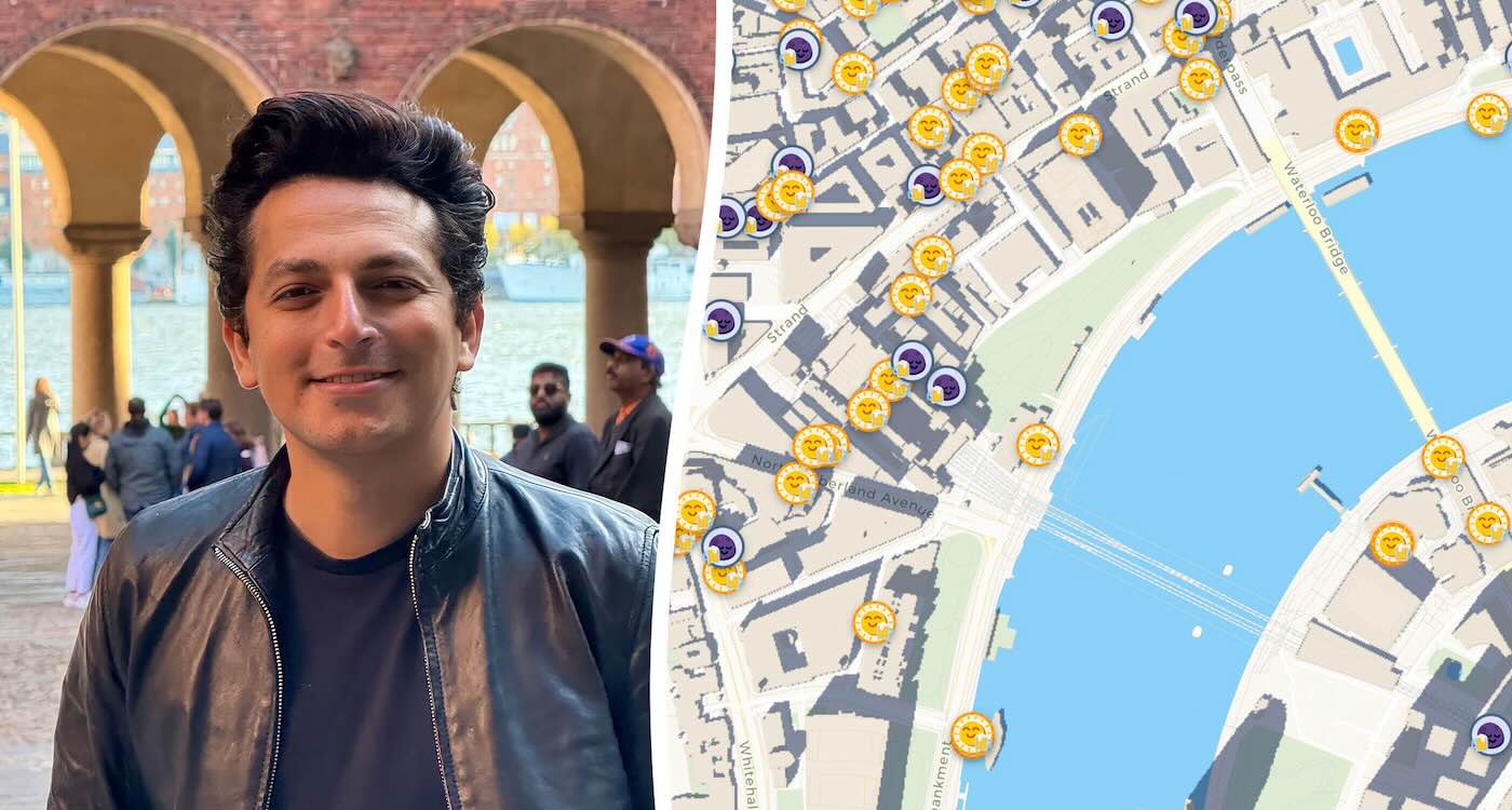 Mo Dawod holding phone showing Sunseekr app with map of sunny pub locations in London
