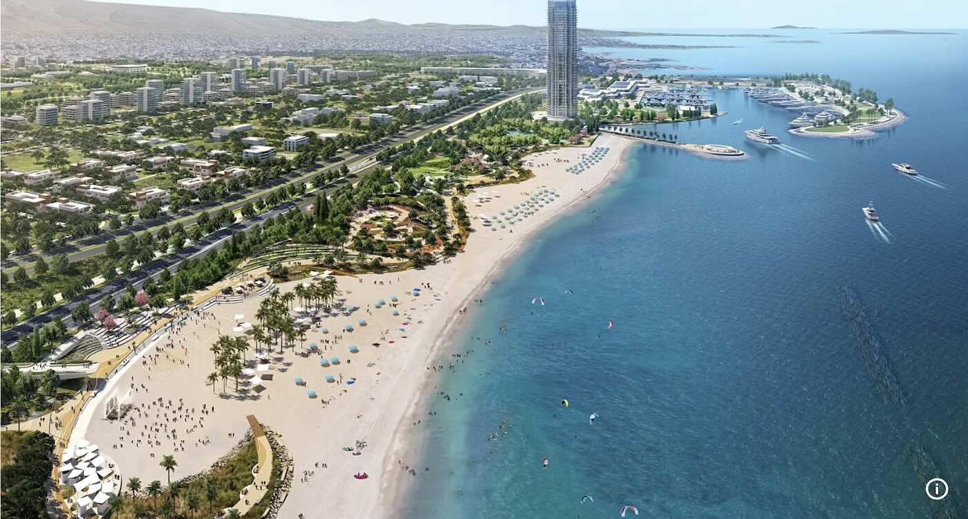 Aerial rendering of green Ellinikon Park along Athens coastline with walking paths and trees